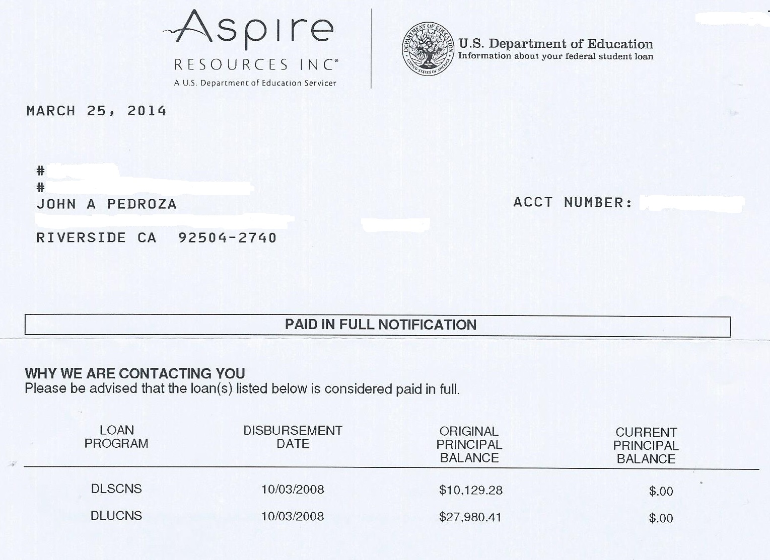 Student Loan Paid in Full Pedroza Place