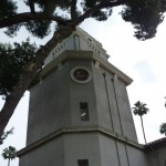 Another view of the clock tower and college seal.