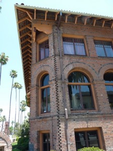 The woodwork on the building is very imposing.