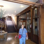 Denise looking at the lobby area of the Life and Arts Center.