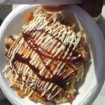 My finished Okonomiyaki with mayonnaise and sauce.