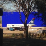 Normally this area is a fake lake, but today they were using it to shoot the back half of a United Airlines plane.