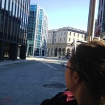 Denise looking at the building (the glass one) where they filmed Spiderman.