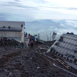 A downward view of the Fujisan Hotel at the 8th station. The Fujisan Hotel is the largest of the hut complexes on Mt. Fuji, but to call it a hotel is a stretch.