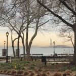 An early morning view of the Statue of Liberty as seen from Battery park.